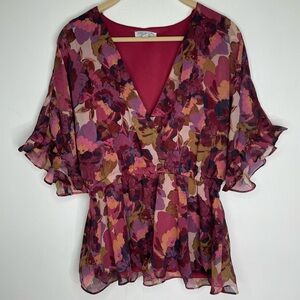 Floral Chiffon V-Neck Top Ruffle Sleeve Sofia Jeans Size M